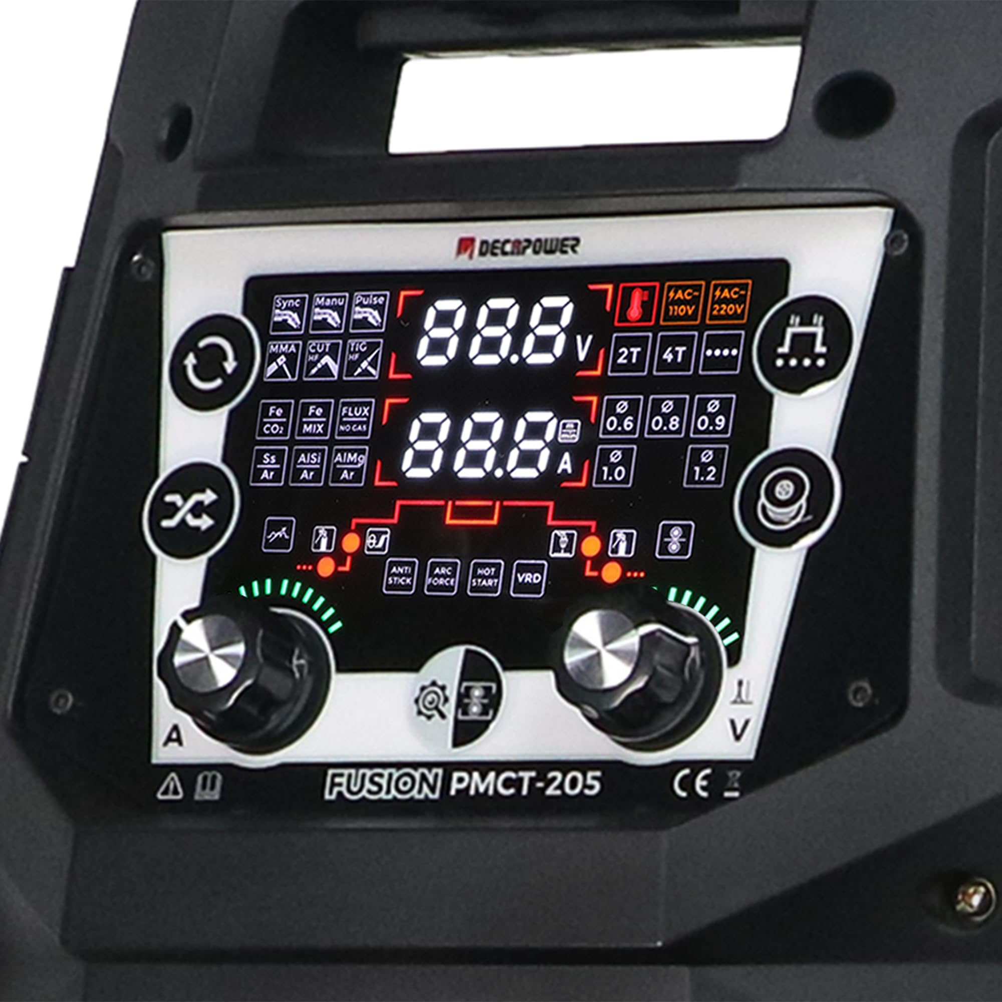 Decappower Soldador sinérgico 200A Pulso MIG MAG MMA HF TIG CUT 6 en 1 con gas sin gas máquina de corte de soldadura (FUSION PMCT205)