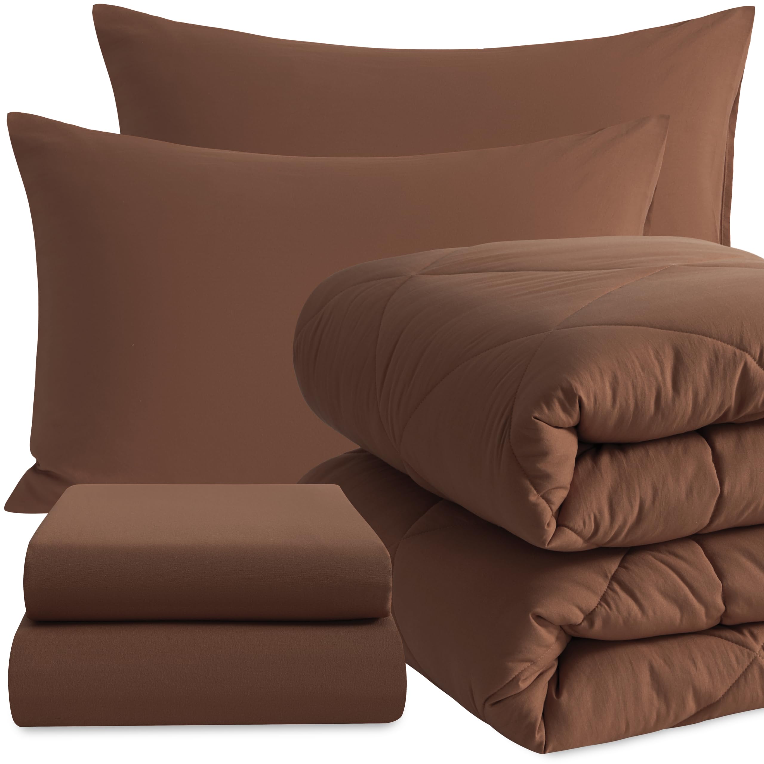 NTBAY Twin Comforter Set with Sheets, 5 Pieces Soft and Breathable Twin Bedding Set, Twin Bed in a Bag, Down Alternative Comforter Set Solid Color All Season, Kids Bedding Set, Brown