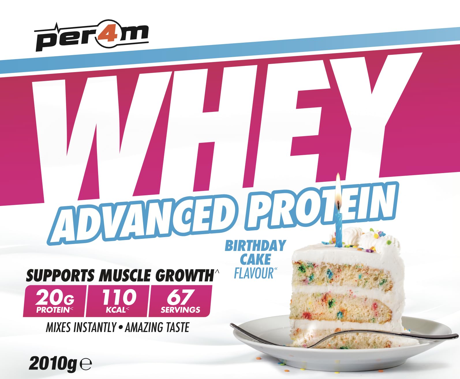 Per4m Whey Protein Concentrée, Prise de Masse et Récupération Musculaire, Acides Aminés Essentiels, Haute Protéine, Faible en Glucides, Complément Fitness Sport – Birthday Cake – 2010g