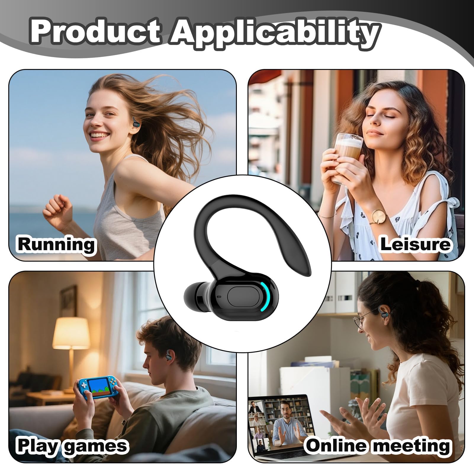 Oreillette Bluetooth sans Fil Mono, Écouteur Mono avec Micro Intégré, Kit Main Libre Professionnel avec Micro à ecouteurs de Bruit pour iPhone Android PC, Bureau, Conduite, Sport, oreillette Tour 360°