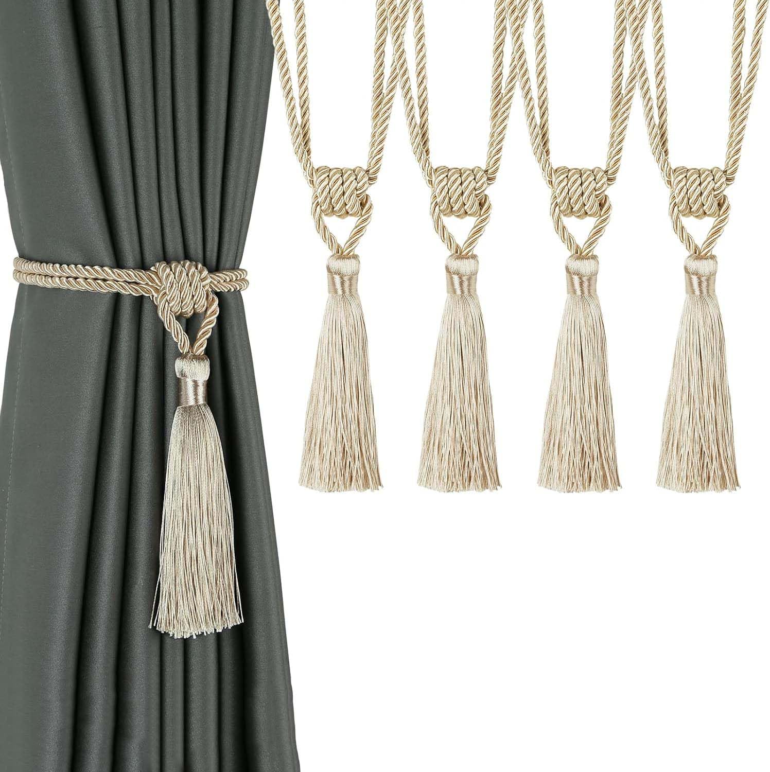 BEL AVENIR Curtain Tiebacks Tassel Tie-Backs, Rope Curtain tie Backs Handmade Curtain Holdbacks Made from Polyester(Beige, 4p)