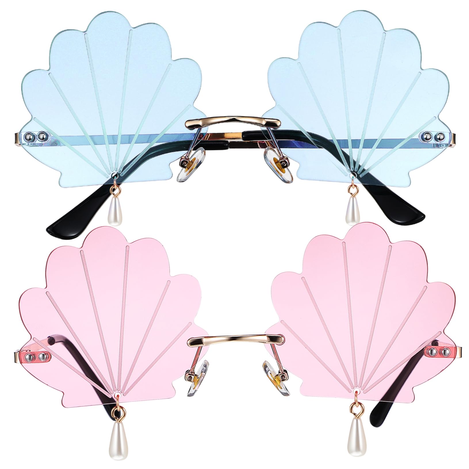 MUSISALY 2Pcs Seashell Rimless Sunglasses for Women Cute Material Rave Glasses Lightweight Comfortable Party Eyewear Unique Pendant Design for Festivals Events