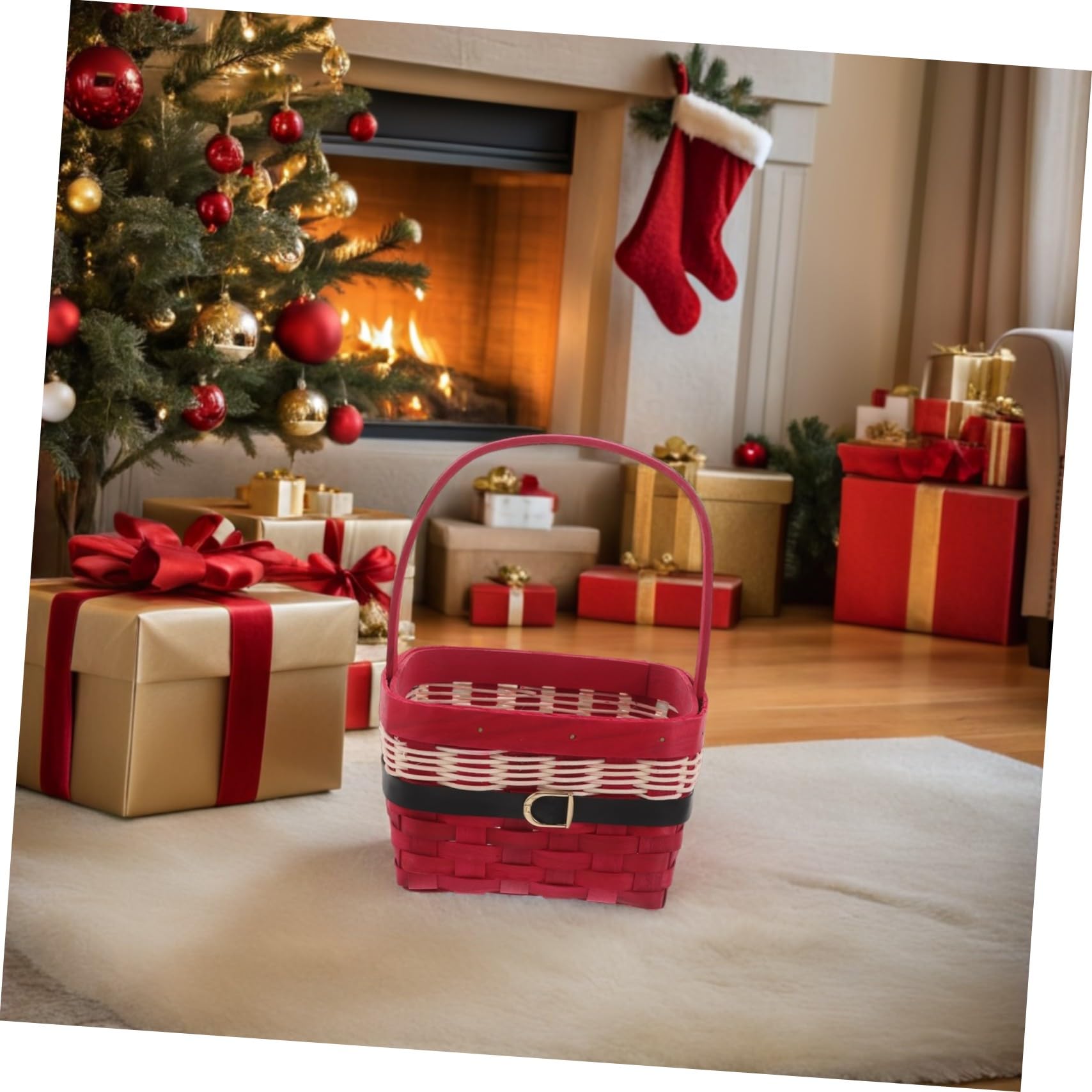 Cesta Navideña Decorativa Cuadrada Tejida Mano con Asa Organizador Portátil para Frutas y Regalos Cesta de Almacenamiento Resistente para Mesa y Despensa