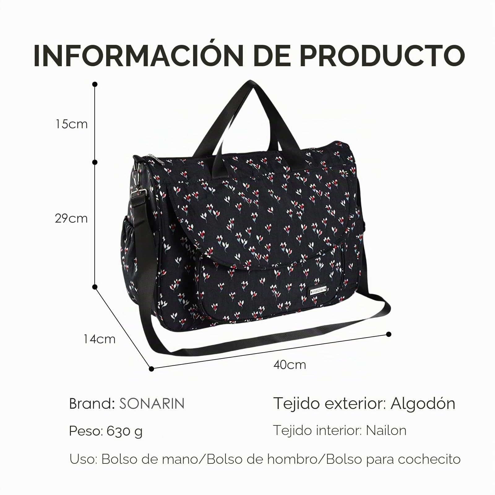 SONARIN Multifunción Bolsa de Pañales para Bebés,Materna Messenger Bolsos Bandolera Bolsa de Viaje para Pañales Grande Impermeable con Cambiador & Bolsa de Botella & Ganchos Cochecito(Negro)