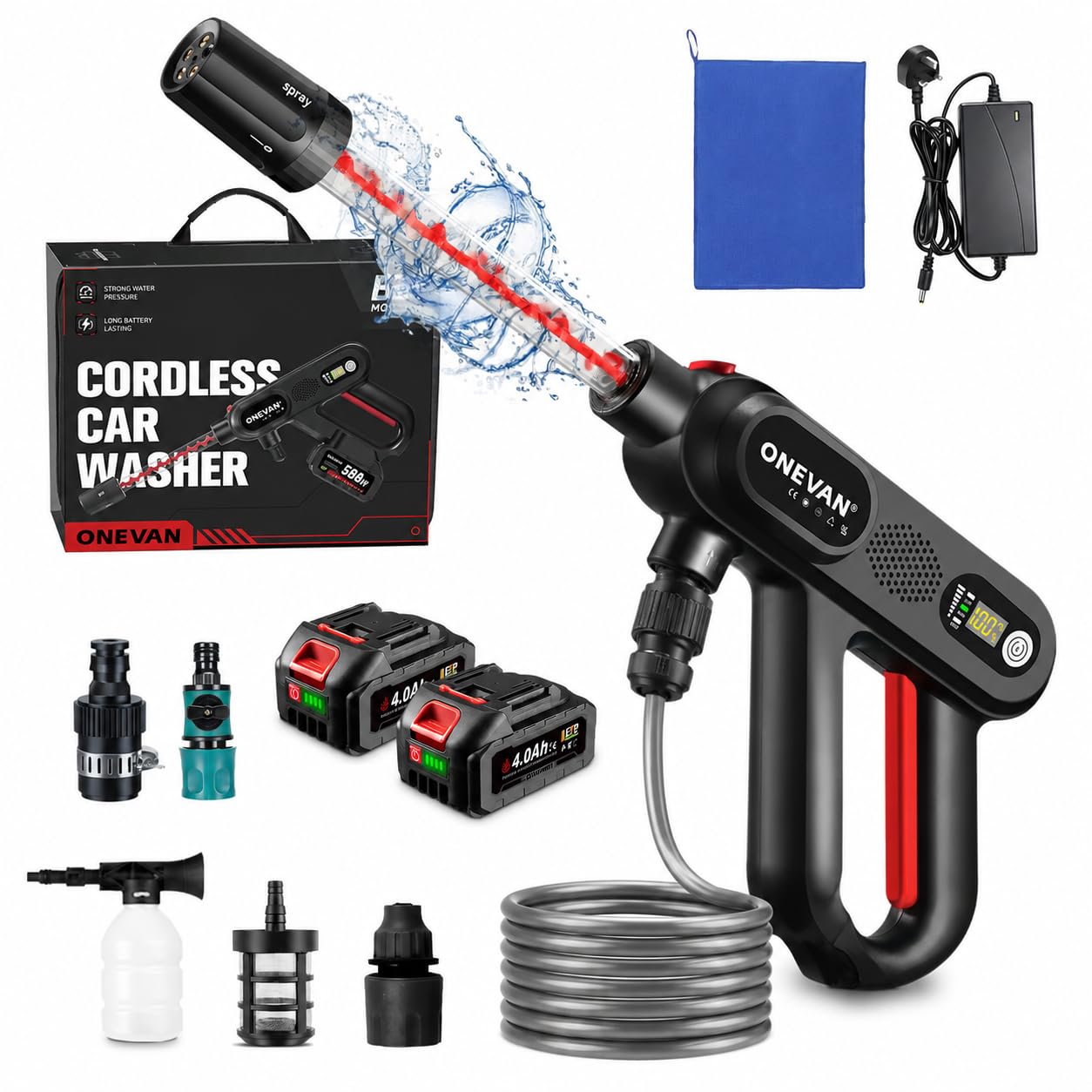 Onevan Cordless Pressure Washer 80Bar, Brushless, 2x4.0Ah Battery | Spiral Boost Technology, Two-Battery Runtime of 1 Hour, 5-in-1 Nozzle, 5M Hose, Tap Connector,Carry Bag, for Car/Patio/Garden