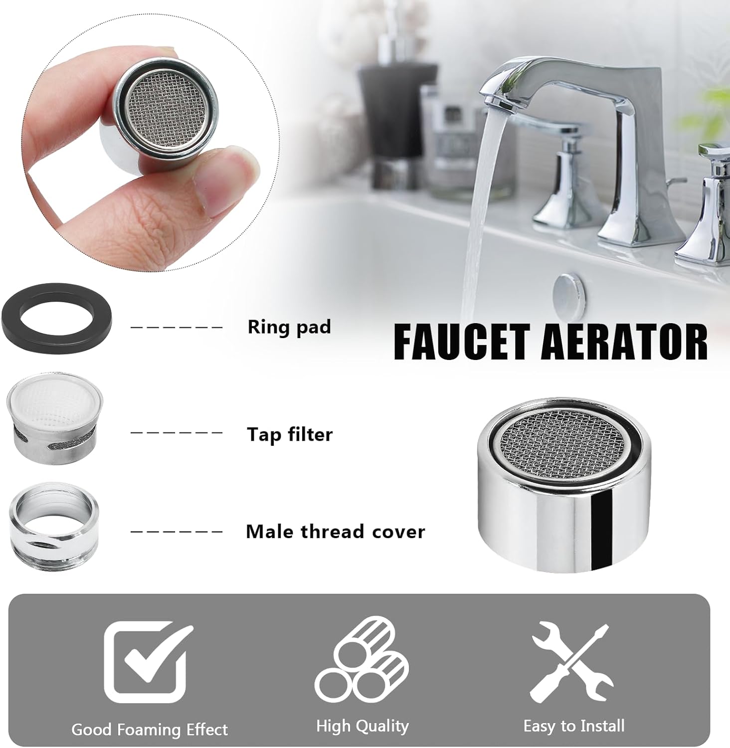 Litoexpe 55/64 Inch Faucet Aerator 4 PCS, Kitchen Sink Aerator Replacement Parts, Sink Faucet Female Thread Faucet Filter with Brass Shell and Gasket for Bathroom