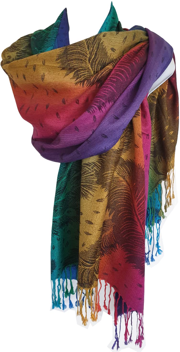Glamlondon Women's Rainbow-Colourful-Peacocks Colourful Rainbow Scarf, Soft Warm Viscose Pashmina Shawl