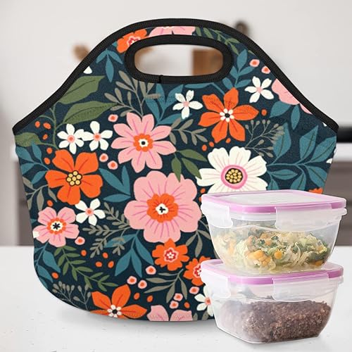 Miniatura 3 de QsirBC Bolsa de almuerzo de neopreno con diseño de flores dulces, portátil, reutilizable, aislada, para mujeres, hombres, adultos, trabajo, picnic,
