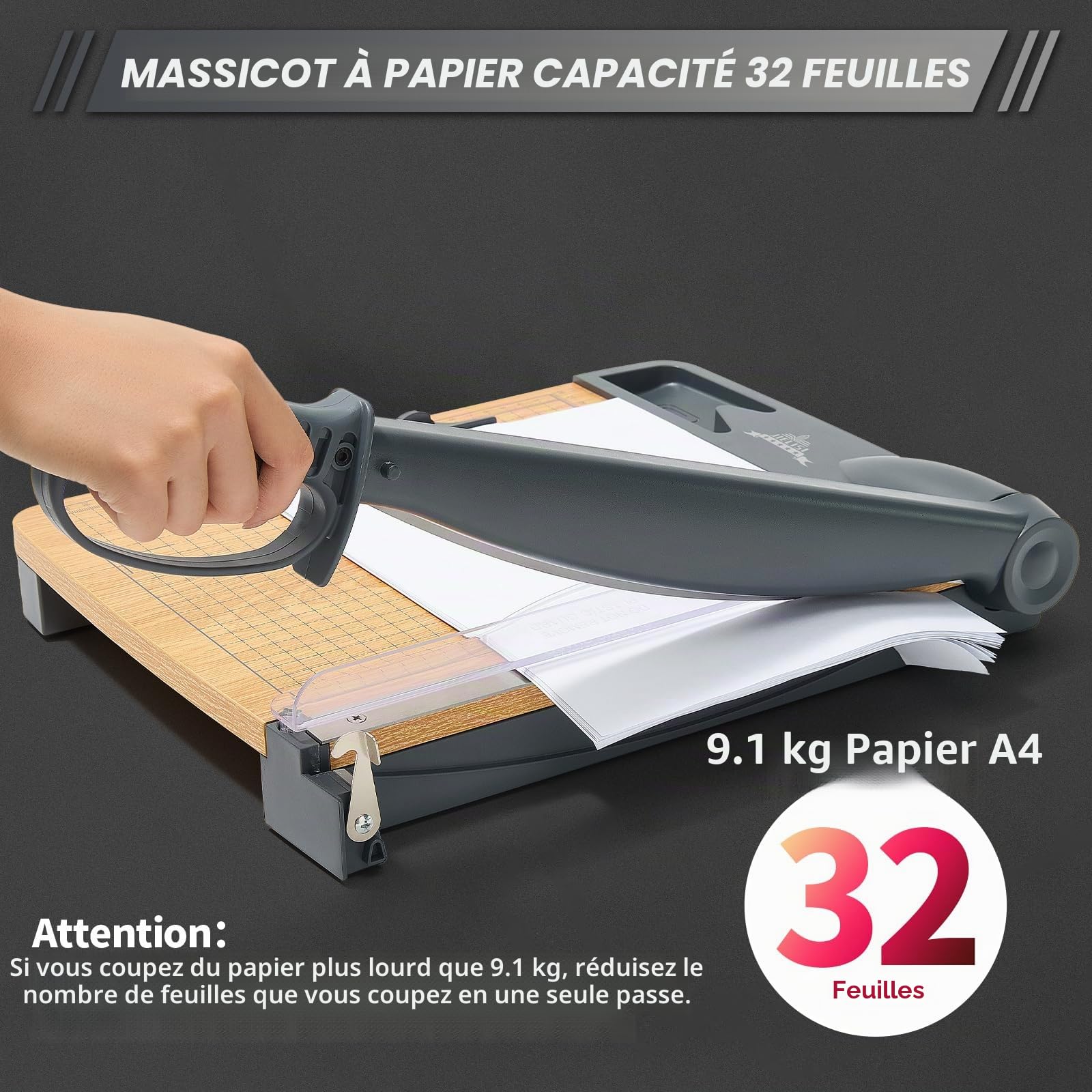 Massicot à guillotine pour bois (jusqu'à 80 g A4, capacité de coupe de 32 feuilles) - Massicot manuel - Massicot à levier - Ciseaux pour papier et photos - Haute précision
