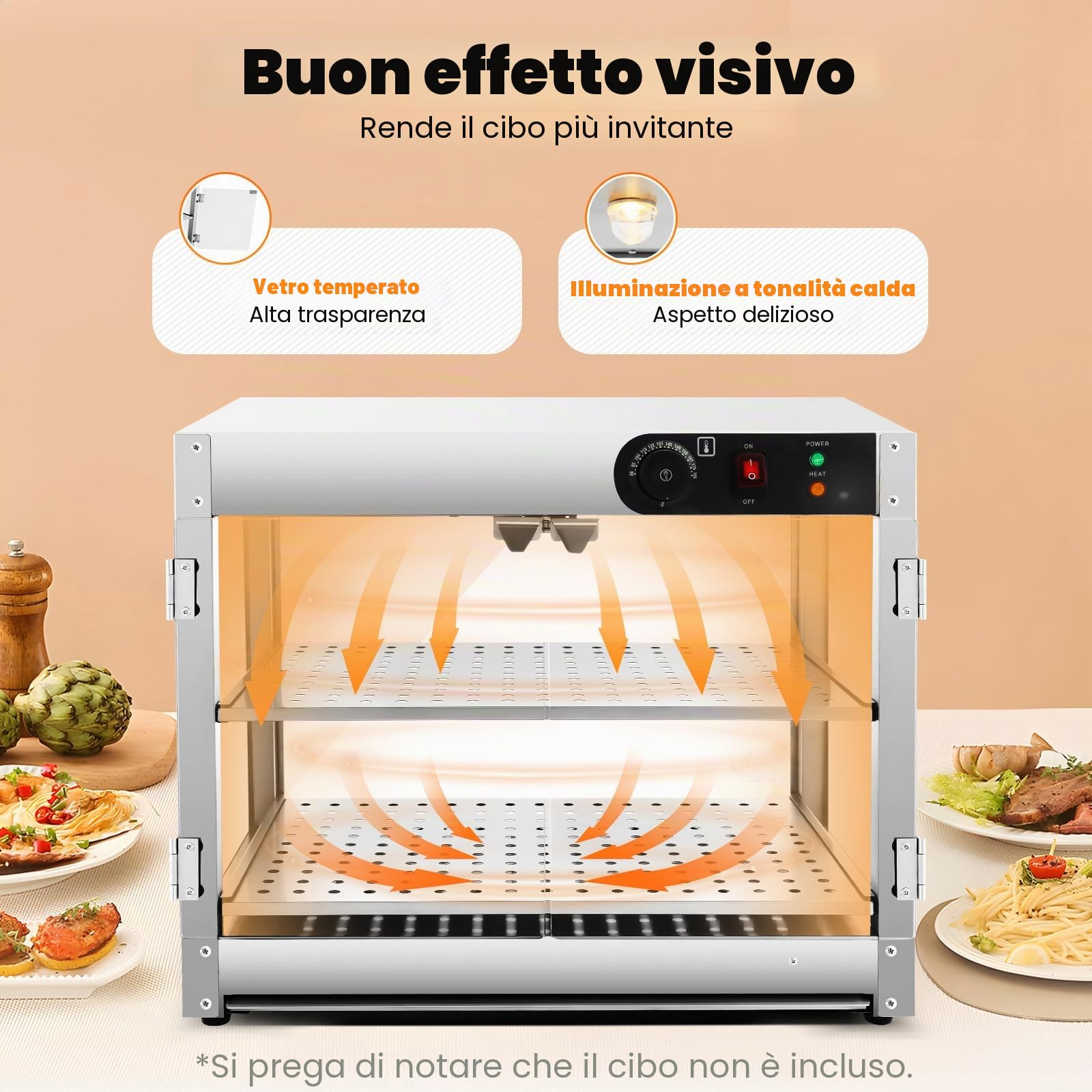 Vetrina per alimenti commerciali, con 2 cornici in acciaio inox, termostato regolabile per mense, panetterie, 800 W