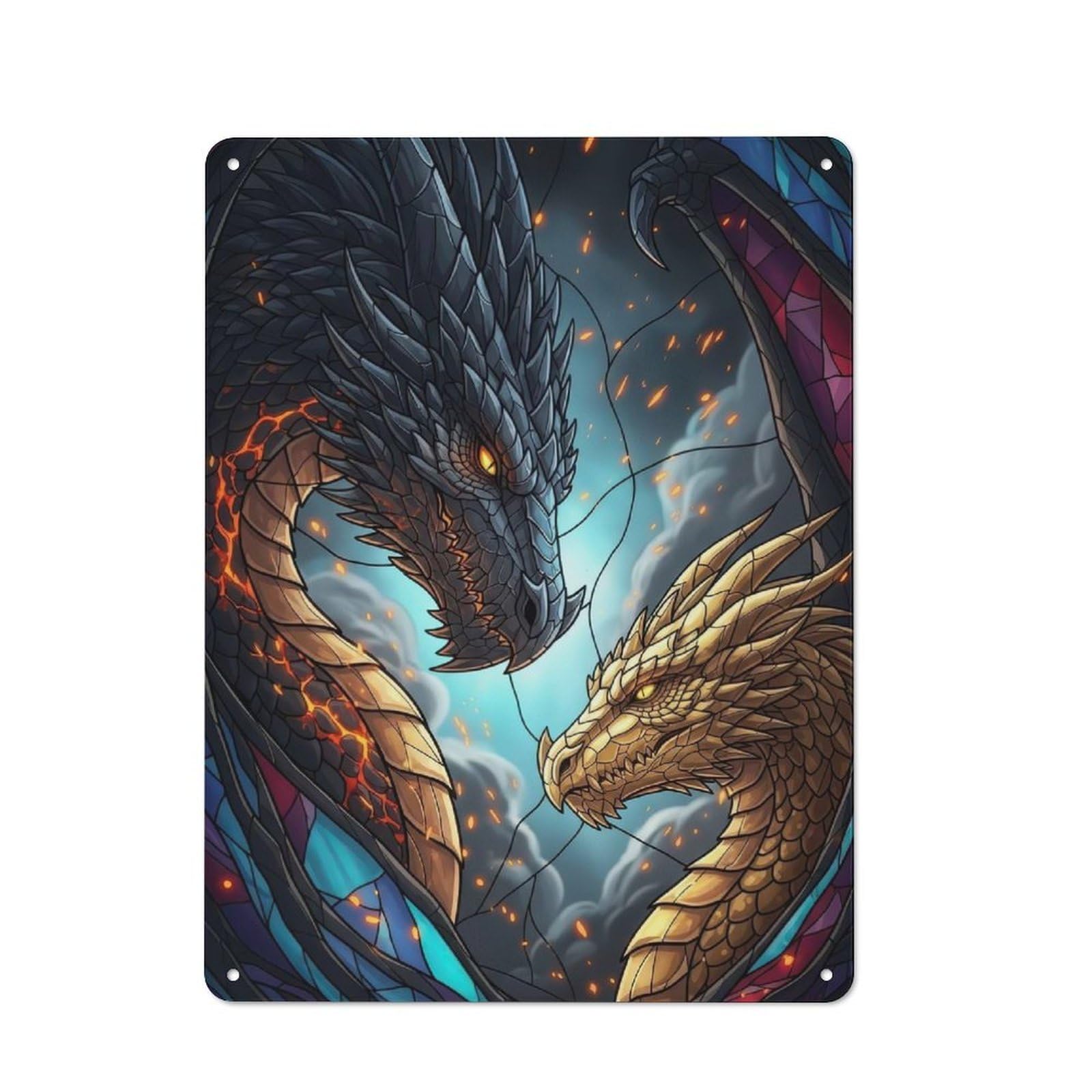 Junmoney Dragon Duo Stained Glass Classic Metal Wall Decor 40X30cm, Tin Sign For Bar, Kitchen, Garage Or Games Room