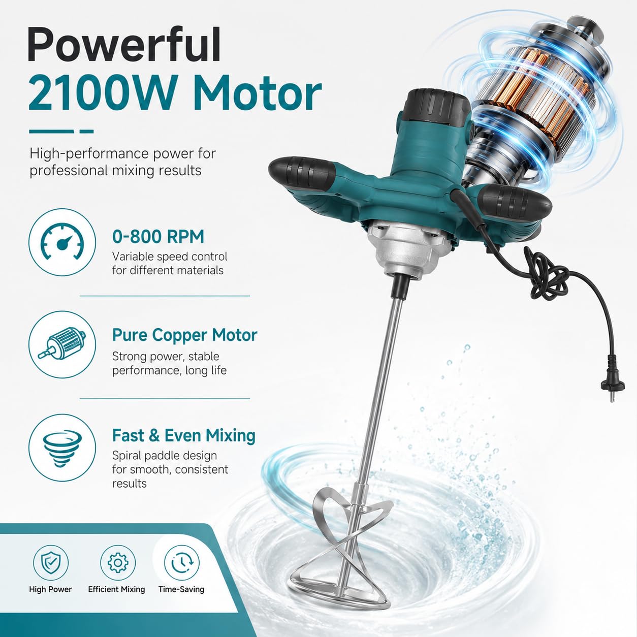 Malaxeur Mortier Colle 2100W Melangeur Beton électrique Réglable à 6 Vitesses Avec Poignée Malaxeur Enduit Mélangeur,Pour Le Mélange De Ciment, Béton, Coulis