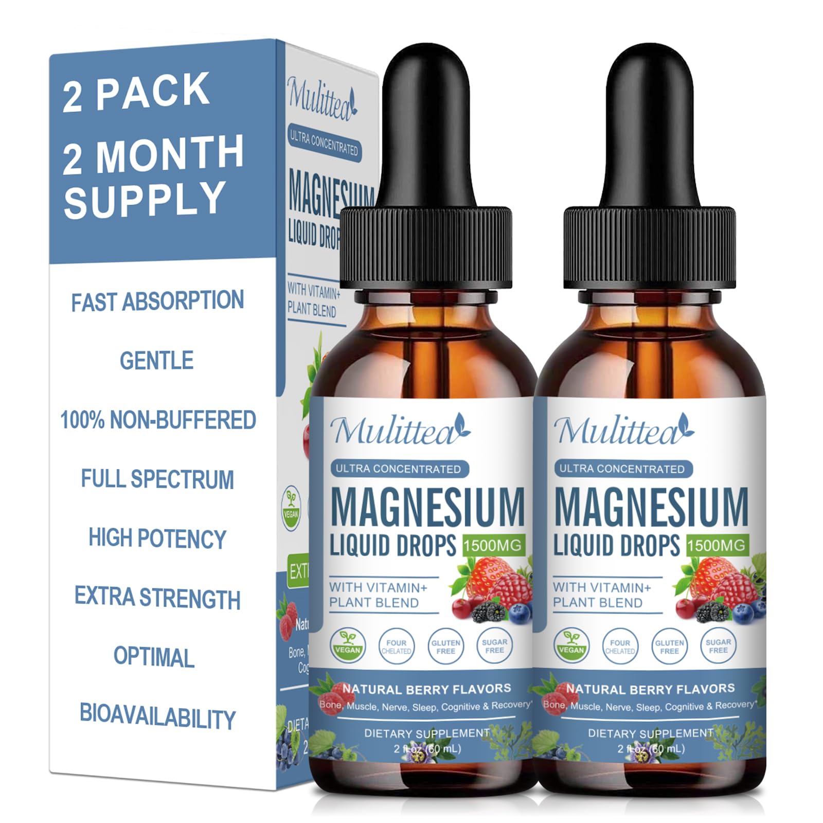 Magnesium Glycinate Liquid Drop - Triple Absorption Supplement to Support Nerves, Sleep, Calm, Heart, Muscles * -Sugar-Free with Potassium, L-Theanine, Sea Moss, Vitamin B,C,D3, K2-2 Pack