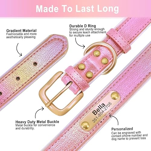 Miniatura 4 de Collar de perro de cuero personalizado, collares de perro personalizados con placa de identificación grabable, collar de perro rosa ajustable