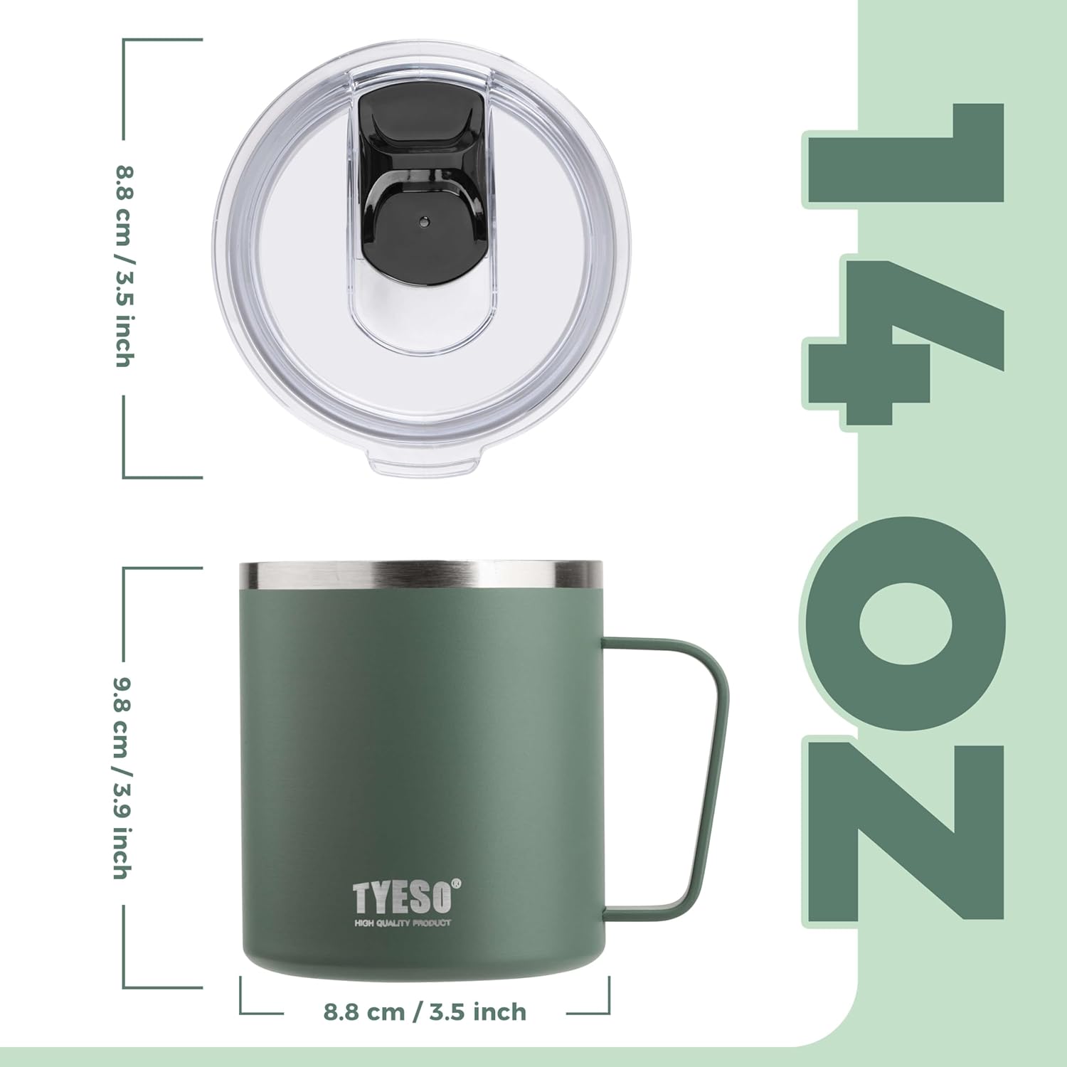 14 Oz Stainless Steel Green Coffee Mug with Handle and Lid – Double Wall Thermal Coffee Cup – Dishwasher Safe Insulated Tumbler Keeps Drinks Hot & Cold – For Home, Office, Travel - Image 3