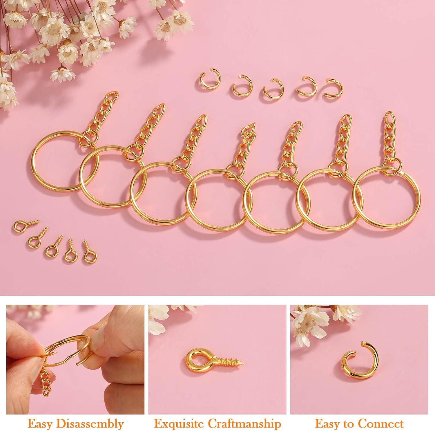 Audab 360Pcs Gold Keychain Bulk, 120Pcs Key Rings with Chain and 120Pcs Open Jump Rings with 120Pcs Screw Eye Pins for Crafts and Jewelry Making