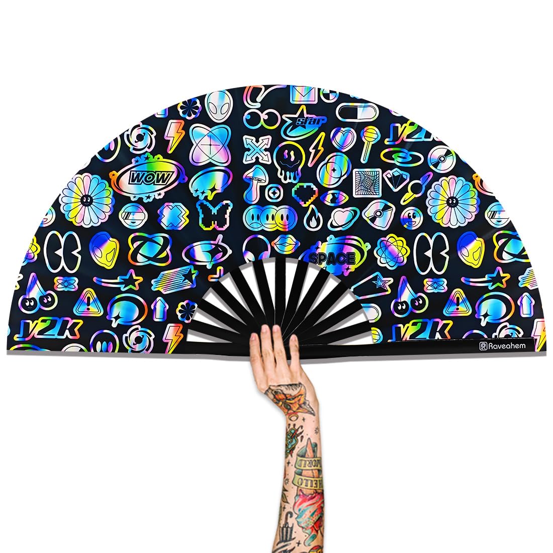 Raveahem Large Folding Fan, 13 Inch Clack Rave Fan Hand Held Fan for Women Men with Premium Satin Fabric, Thick Bamboo Frame for EDM, Music Festival,