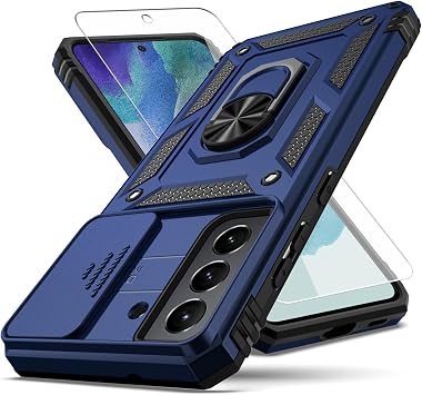 for Galaxy S21 FE 5G Case,with Camera Lens Cover HD Screen Protector,[Military Grade] Ring Car Mount Kickstand Hybrid Hard PC Soft TPU Shockproof Protective Case for Samsung Galaxy S21 FE-Blue