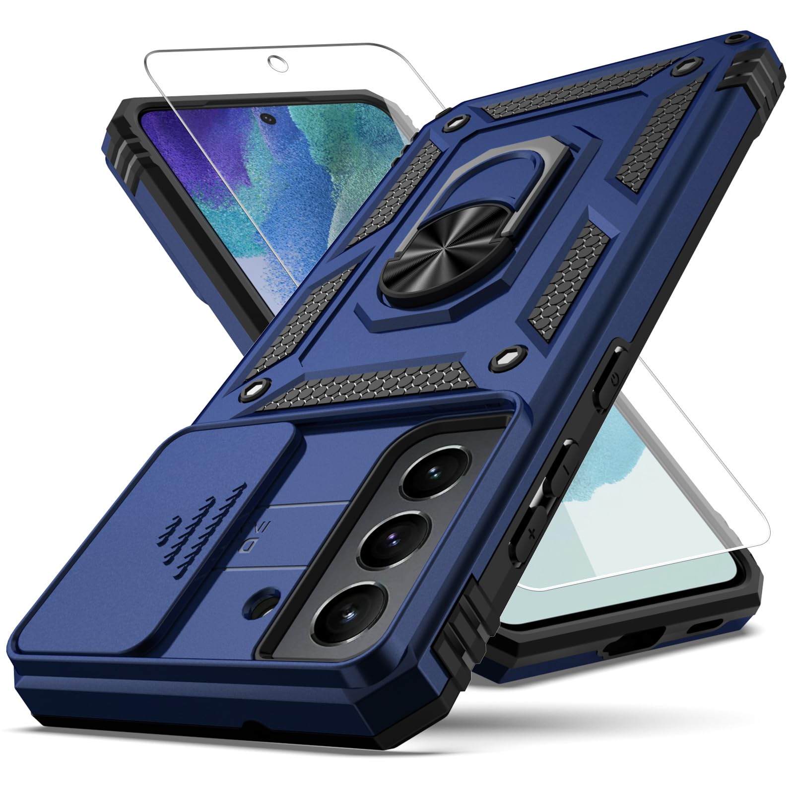 YZOK for Galaxy S21 FE 5G Case,with Camera Lens Cover HD Screen Protector,[Military Grade] Ring Car Mount Kickstand Hybrid Hard PC Soft TPU Shockproof Protective Case for Samsung Galaxy S21 FE-Blue