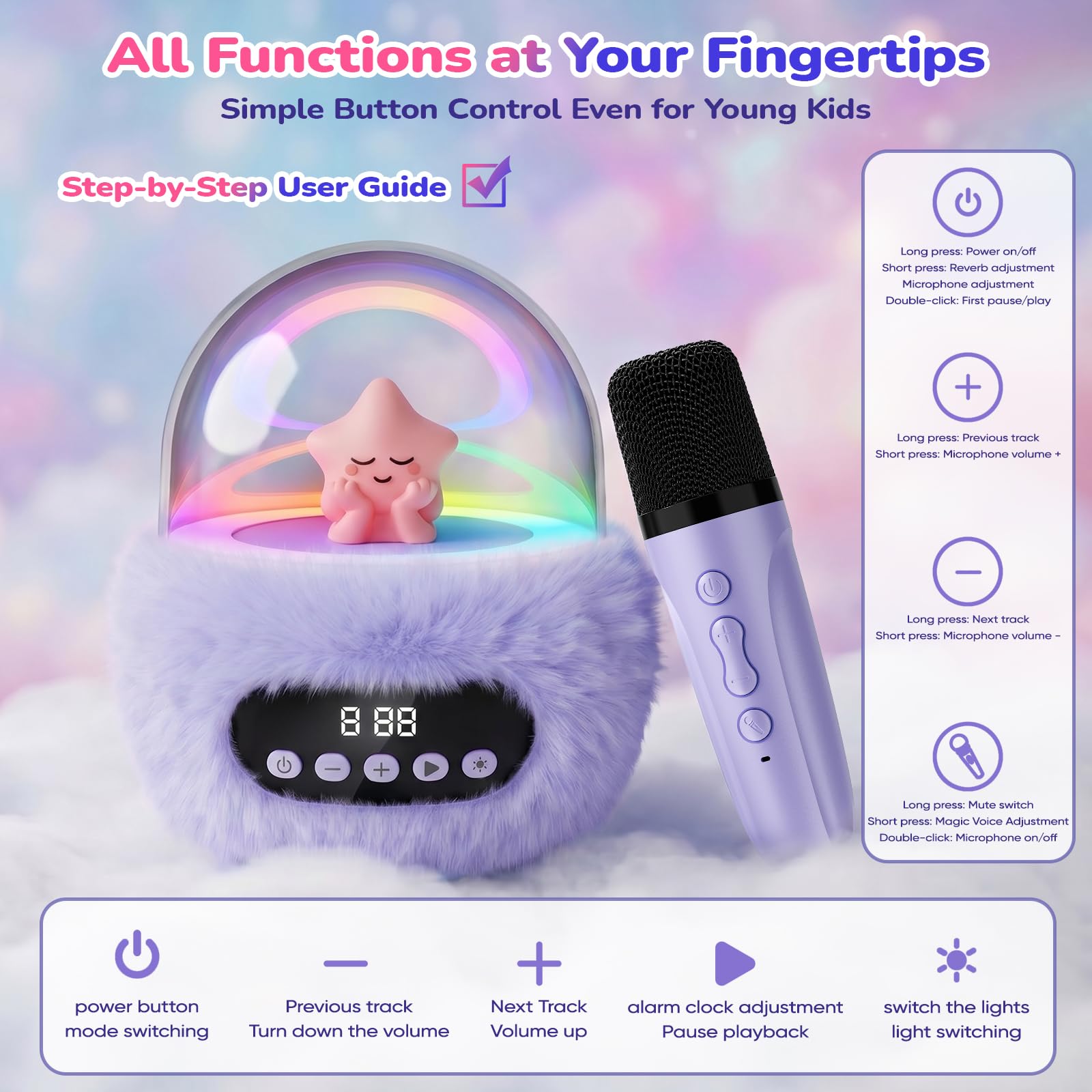 Macchina per karaoke per bambini con 2 microfoni: altoparlante Bluetooth portatile senza fili con luci RGB da discoteca, 4 effetti vocali, giocattolo cantante di compleanno per ragazze e ragazzi dai 3