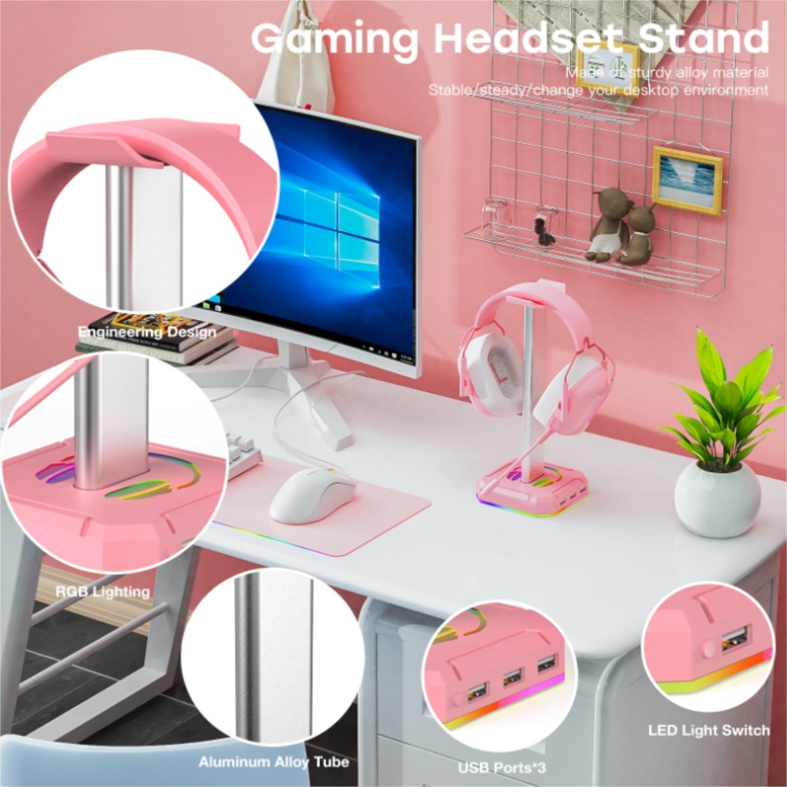 Gaming Accessori Supporto per Cuffie con Singola Luce RGB Rotante per Cuffie da Gioco per PC da Scrivania, Lega di Alluminio Stand Over-Ear da Gioco(White)
