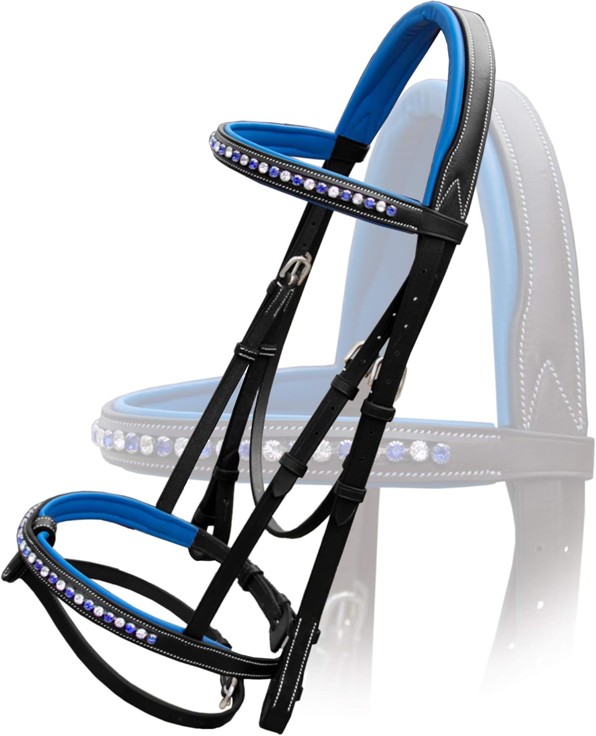 Exion Bling Bridle for Horses White & Dark Blue Bling Crystals Browband & Snaffle Noseband with Dark Blue Calf Padding & Rubber Reins | English Jumping Bling Bridle for Horses