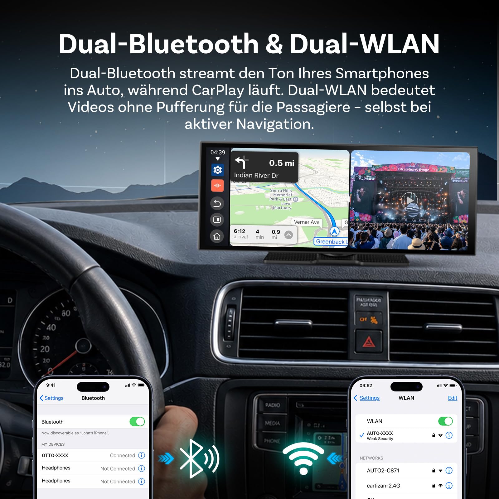 OTTOCAST ScreenFlow 11,4 Zoll kabelloses CarPlay & Android Auto Display | Auto Monitor mit Split-Screen, 1080P Rückfahrkamera, Dual-WLAN & Bluetooth, Netflix/YouTube, Universal für PKW, SUV & LKW