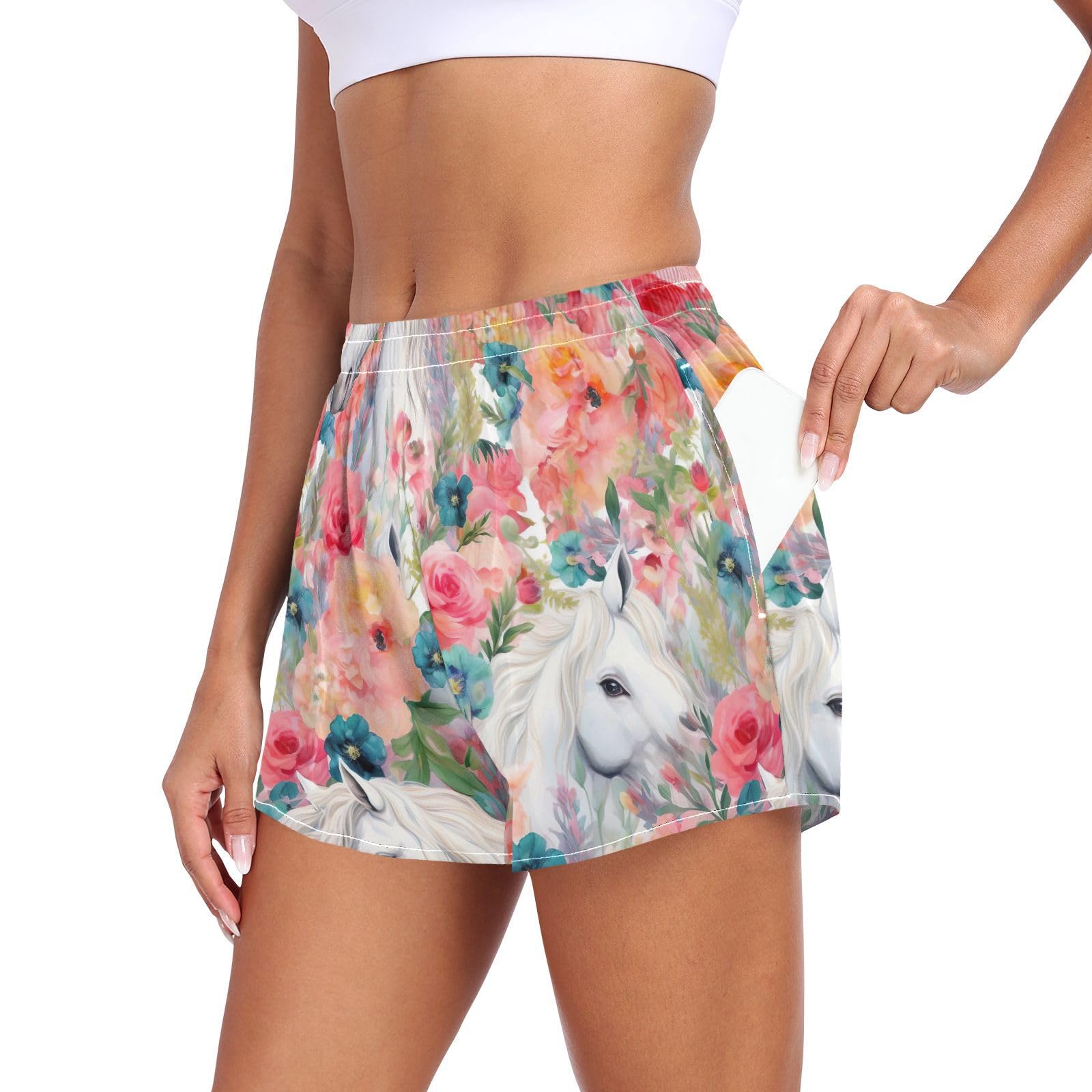UMIRIKO Women's Athletic Shorts White Horse Pink Flower Running Shorts Sporty Short Gym Elastic Workout Shorts 202b3017
