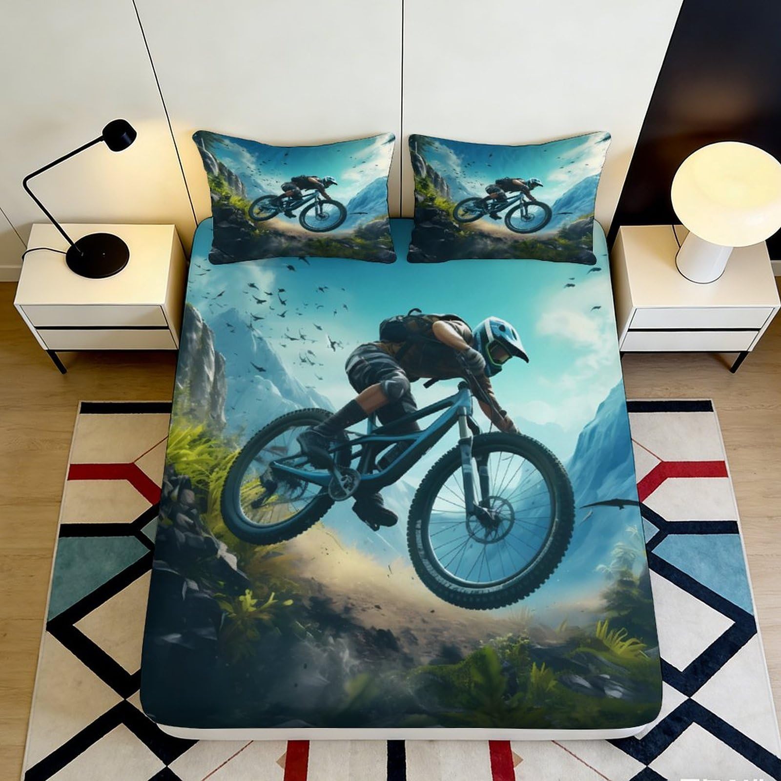 3D Printed Mountain Biking Fitted Sheet Microfiber Soft Anti-Slip Extreme Sports Mattress Cover for Bedroom Dorm Room Decor 90x200x25cm