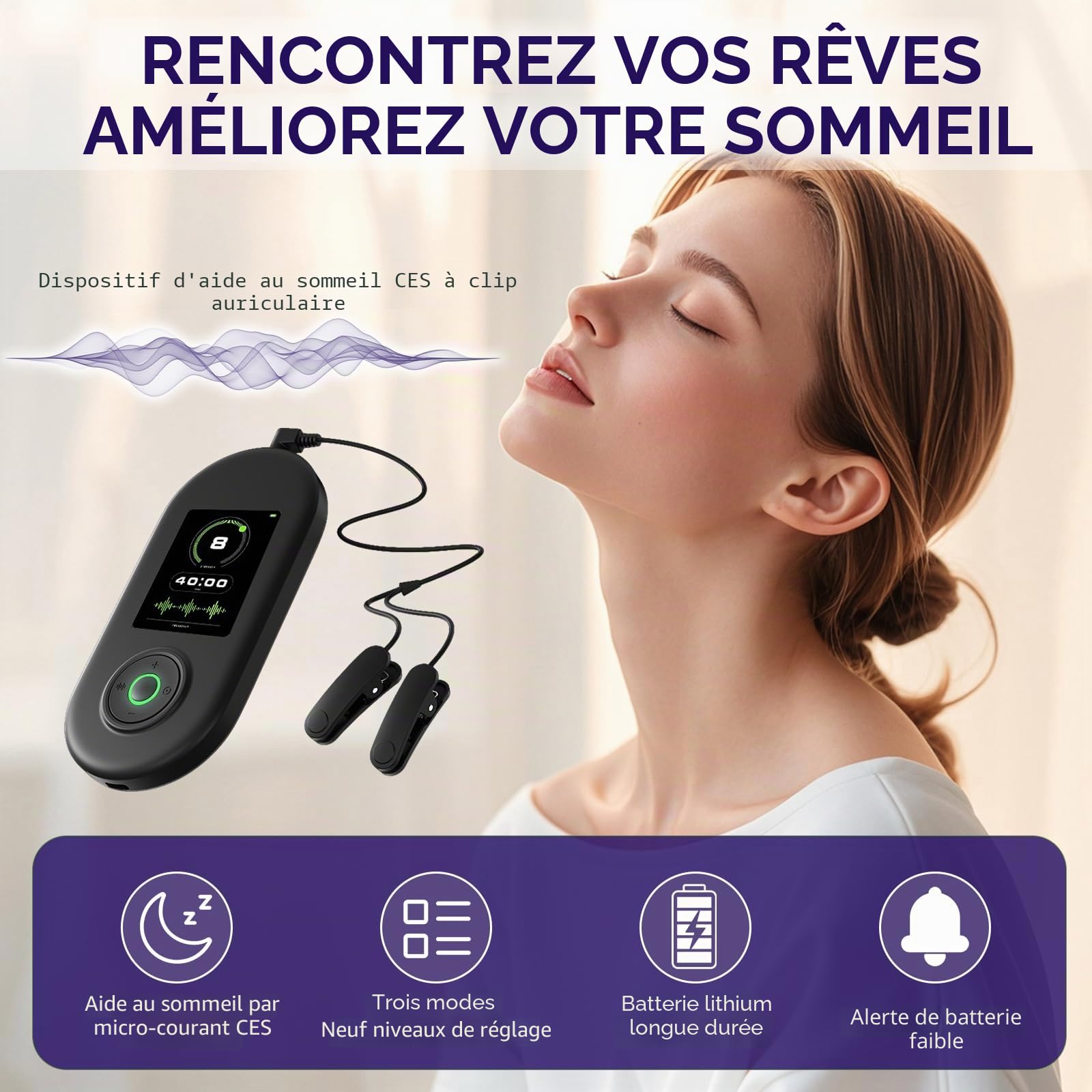 Appareil d'aide au sommeil avancé, appareil de stimulation du nerf vague avec clips d'oreille, aide au sommeil, CES réduit l'anxiété, appareil d'aide au sommeil micro courant, 3 modes 9 forces, charge