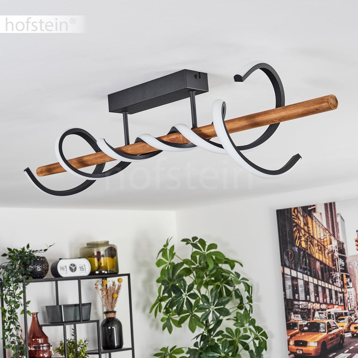 HOFSTEIN LED Deckenleuchte Alvarim, dimmbare Deckenlampe aus Metall/Holz/Kunststoff in Schwarz/Natur/Weiß, moderne Leuchte mit Holzstab, dimmbar über Lichtschalter, 38 Watt, 5200 Lumen, 3000 Kelvin