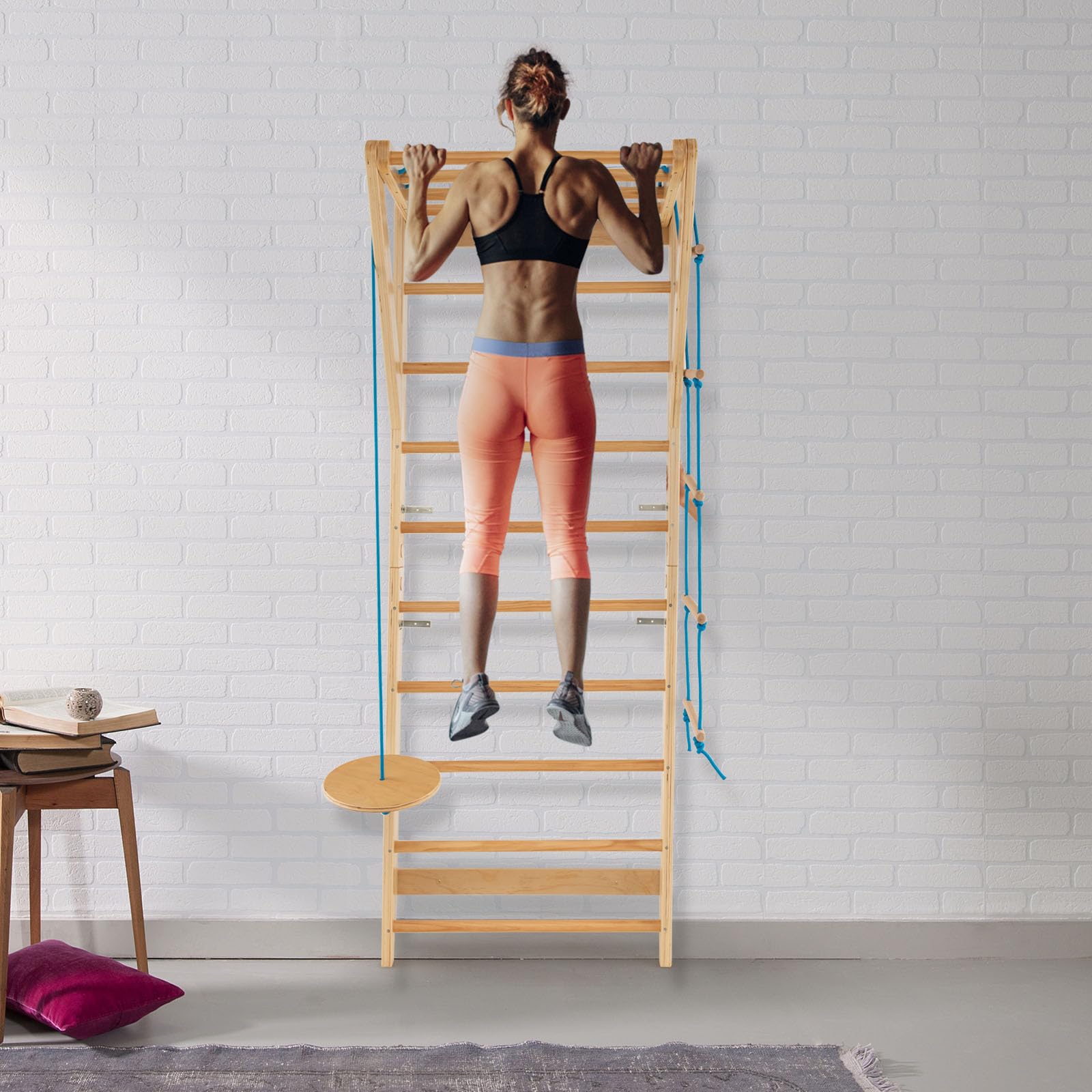 HOMASIS Spalliera Svedese con Scala di Corda e Trapezio Rotondo in Legno, Spalliera Palestra Scala da Interno per Allenamento, Parete Arrampicata per Bambini e Adulti, Portata Massima di 100 kg