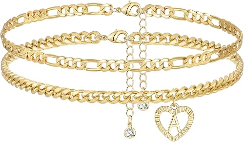 YANODA Tobilleras con inicial para mujer, chapadas en oro de 14 quilates, cadena cubana Figaro con letra inicial, tobilleras hechas a mano con letra
