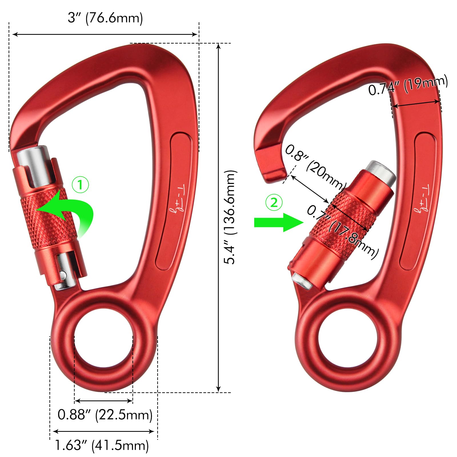 T-Fly Mosquetón de bloqueo automático de 35 KN (3,568.9 kg), mosquetón de roca de escalada certificado UIAA con ojal redondo para rapel, escalada, cuerdas