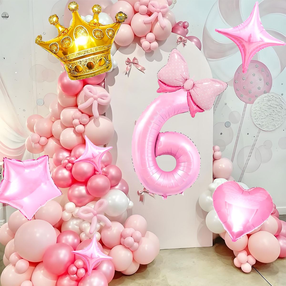 Princess Party Decorations - 40 Inch Mylar Pink Number 6 Balloons - Pink Foil Bow Balloons Crown Balloon for 6st Princess Theme Birthday Party Decorations