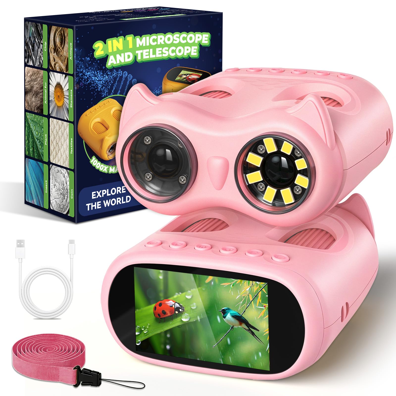 2 in 1 Kids Microscope and Telescope, STEM Educational Toy, Pink