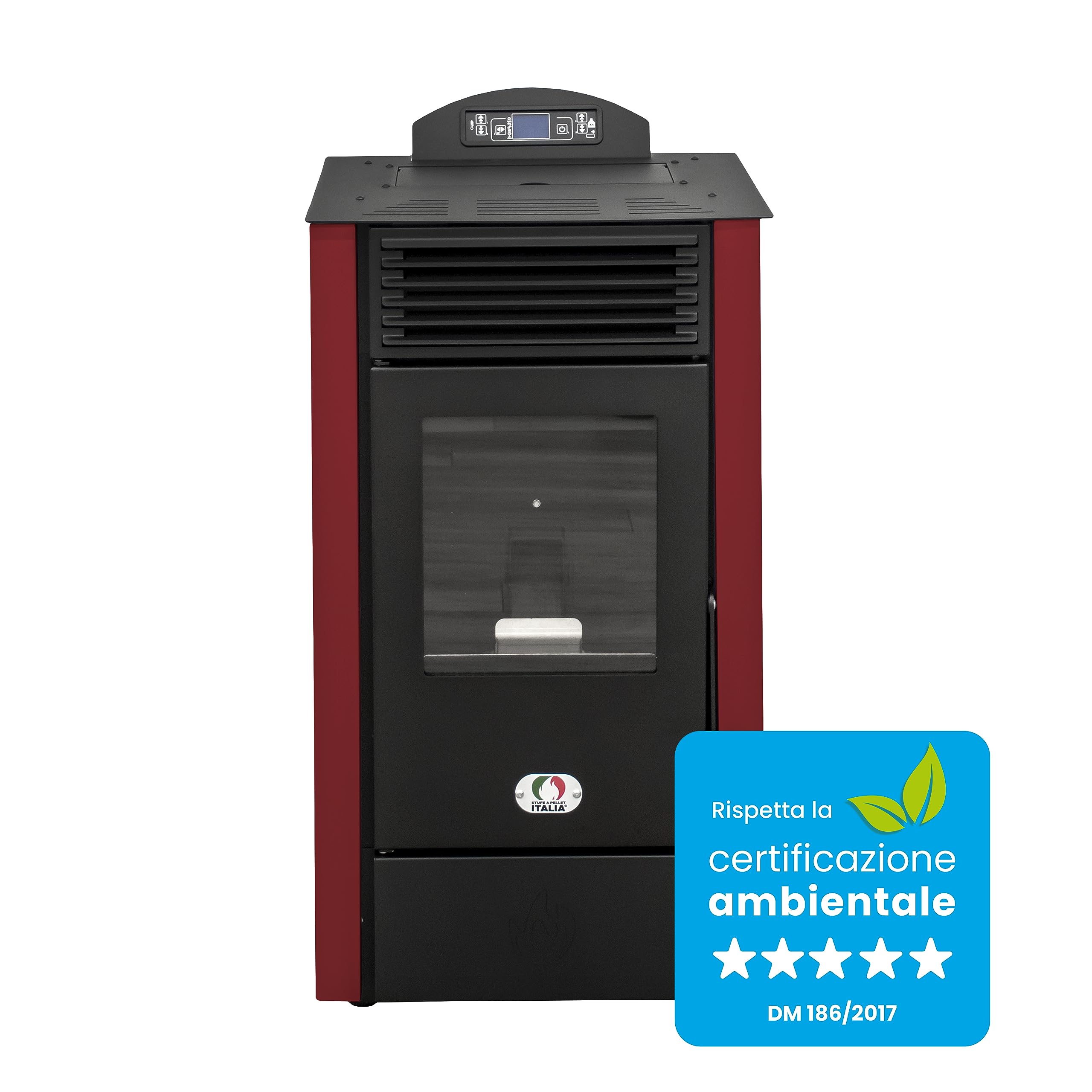 STUFE A PELLET ITALIA California 9 kW Pelletöfen WiFi 5-Sterne Effizienz 92% Heizt 80m² Autonomie 20 Std. Kompaktes Design Rot