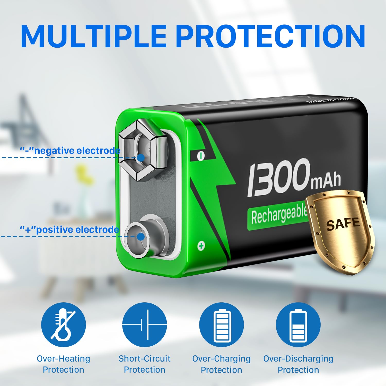 Batería recargable de 9 V, 1300 mAh de iones de litio con cable de carga rápida USB-C, ideal para detectores de humo, alarmas, micrófono, multímetro, etc. (6 unidades)