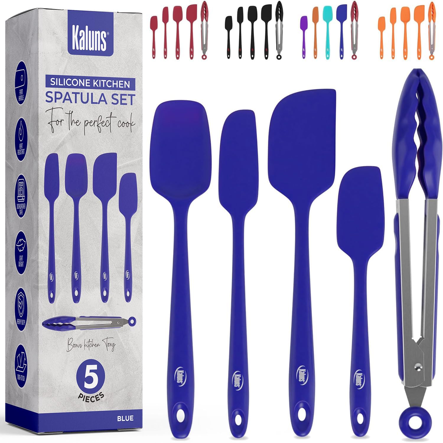 Kaluns Silicone Spatula Set, 4 Rubber Spatulas 600°F Heat Resistant, Nonstick Seamless Design with Stainless Steel Core, Dishwasher Safe, BPA free, Bonus Tongs Included