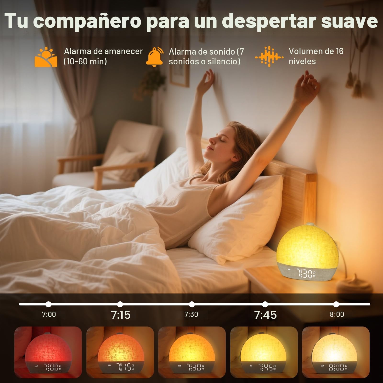 Reloj despertador de luz diurna, despertar suave para personas que duermen profundamente, reloj despertador con luz de amanecer con 30 sonidos naturales y temporizador de sueño, reloj despertador de