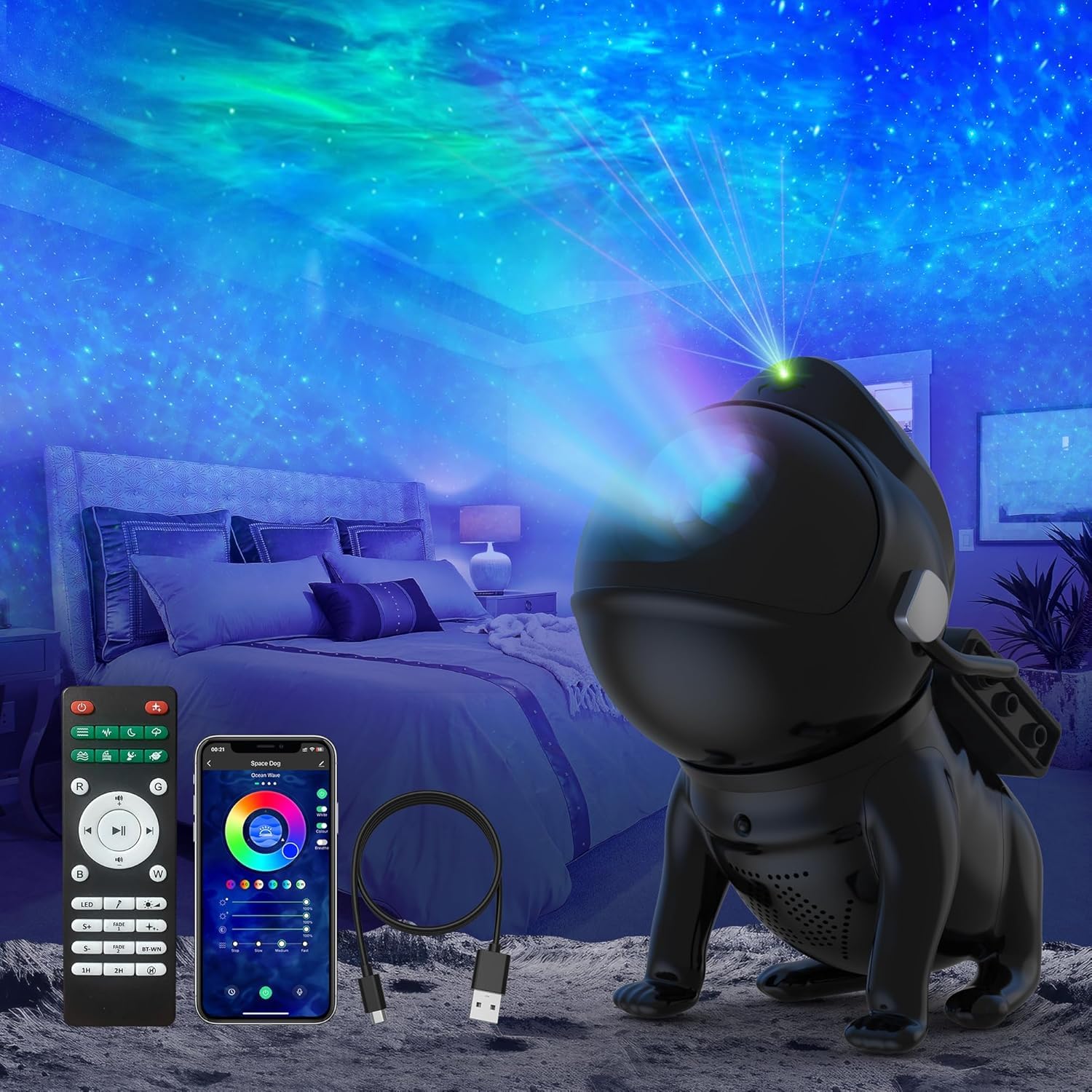 Space Dog Star Projector, Galaxy Light Projector, Galaxy Projector for Bedroom, Lamp with Timer and Remote, Gift for Kids Adults for Bedroom, Christmas, Birthdays, Valentine's Day, Room Decor, Black