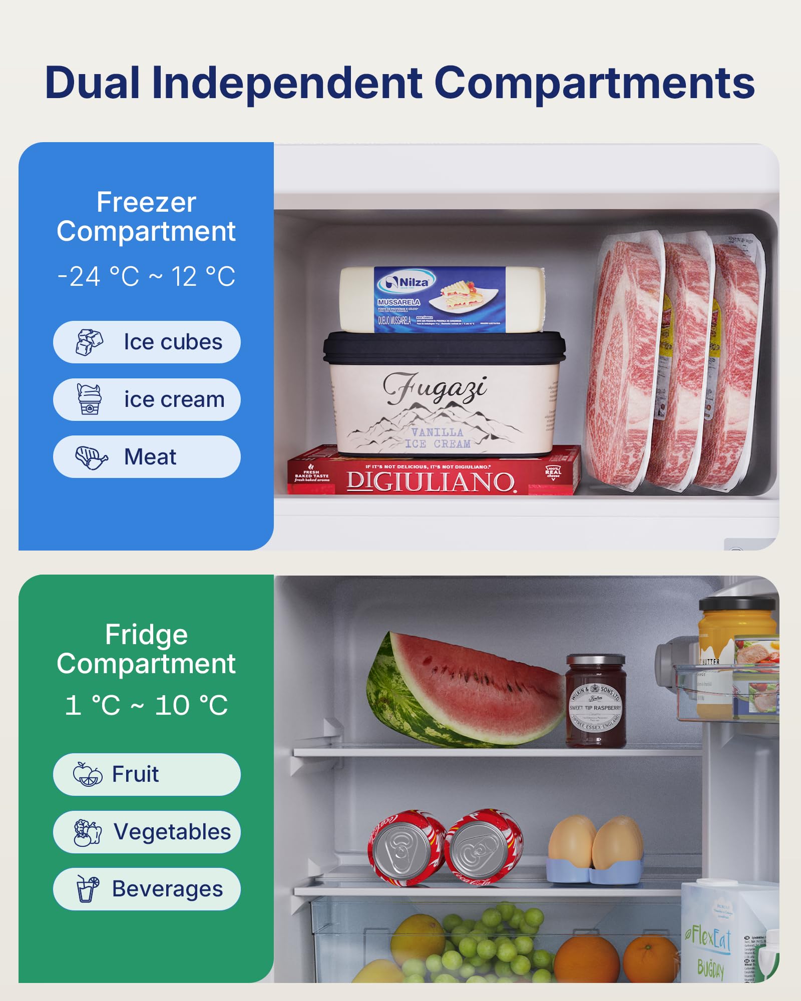 Upstreman 84L Under Counter Fridge Freezer, Small Refrigerator with Freezer, 39dB Quiet & LED Lighting, Freestanding Fridge with Reversible Doors, TM84 White — view 3