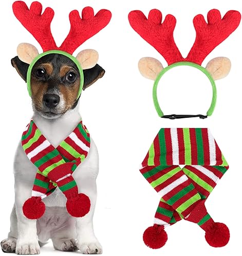 BWOGUE Juego de diadema de cuernos de reno de Navidad para perro y bufanda de rayas rojas, blancas y verdes, disfraz de Navidad para mascotas,