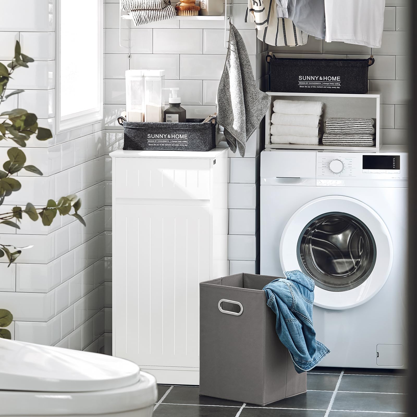 SoBuy Armadietto da Bagno con Cesto portabiancheria –Mobile Lavanderia con Cassetto – Armadio Compatto per Piccoli Spazi, Mobiletto Bagno Salvaspazio in Legno, 40x90x38cm, Bianco, BZR110-W