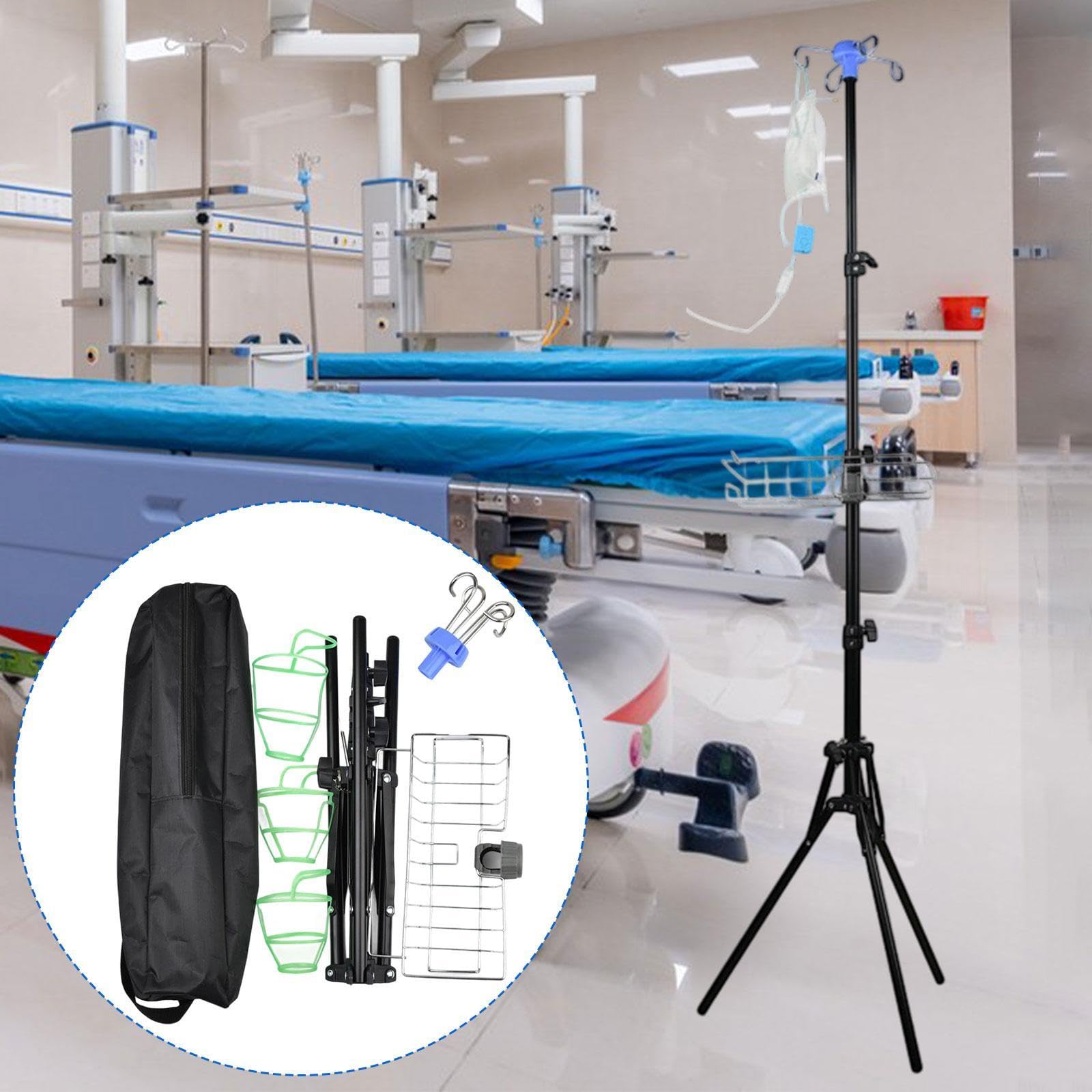 Supporto per Flebo Portatile con 4 Ganci Rimovibili Design Pieghevole E Altezza Regolabile Materiale Resistente Adatto a Casa Viaggi E Strutture Sani, con Cestino