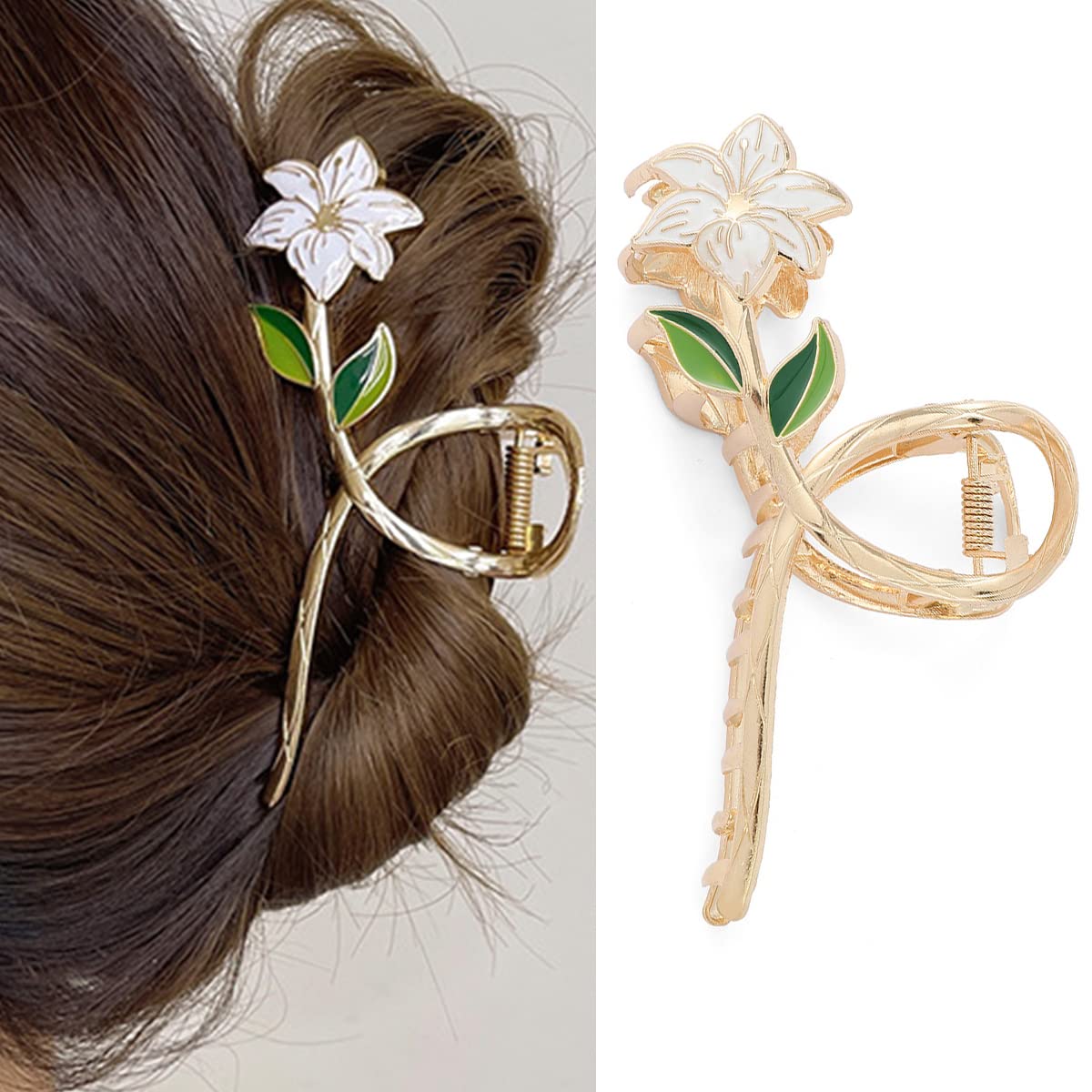 Flower Metal Hair Claw Clips Large Lily Gold Hair Claw Hair Barrettes Strong Hold Hair Clamps Fashion Hair Accessories for Woman and Girls with Long Thick Thin Curly Hair : Beauty & Personal Care
