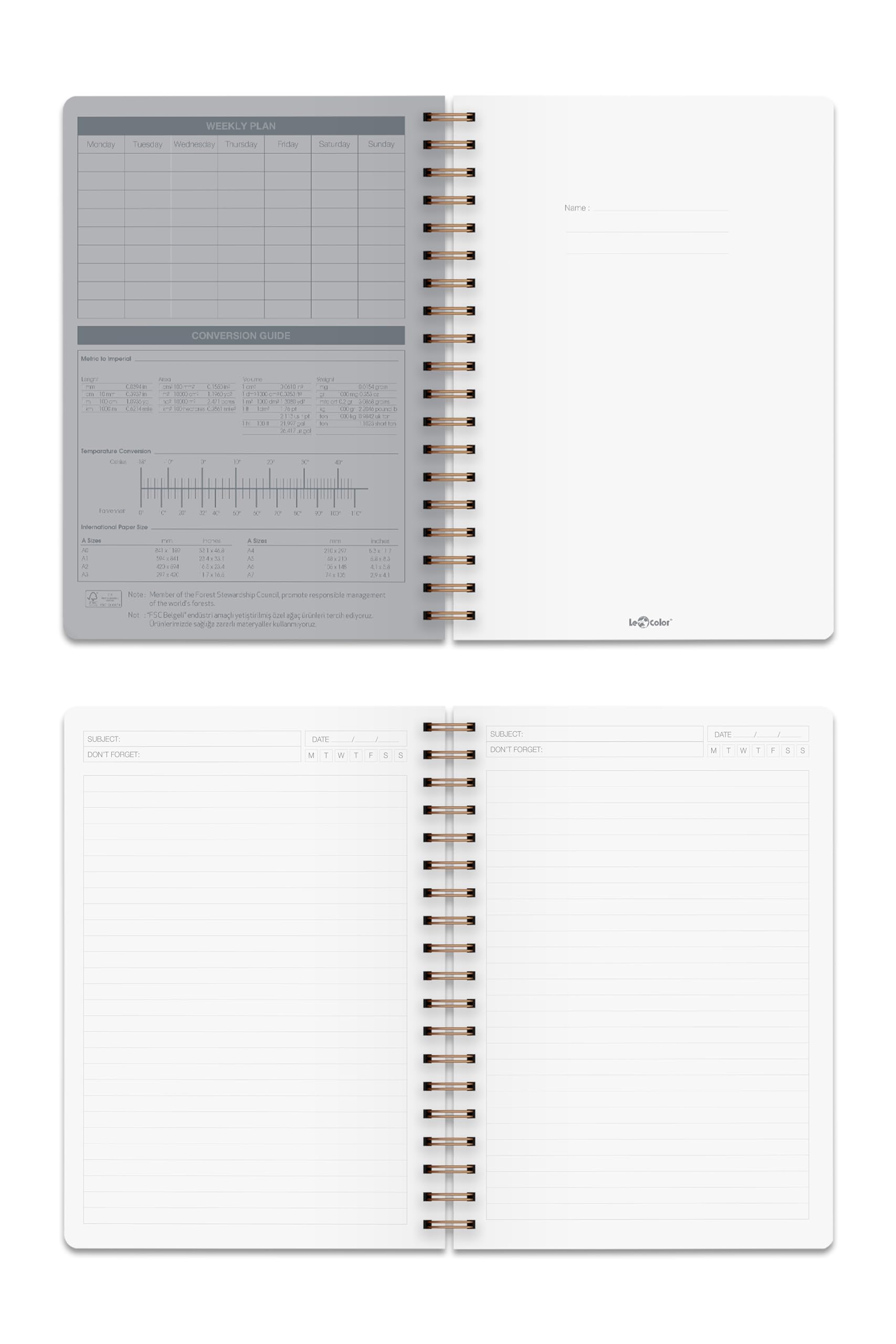 Le Color Kraft Ofis Defter Spiralli Çizgili Gri
