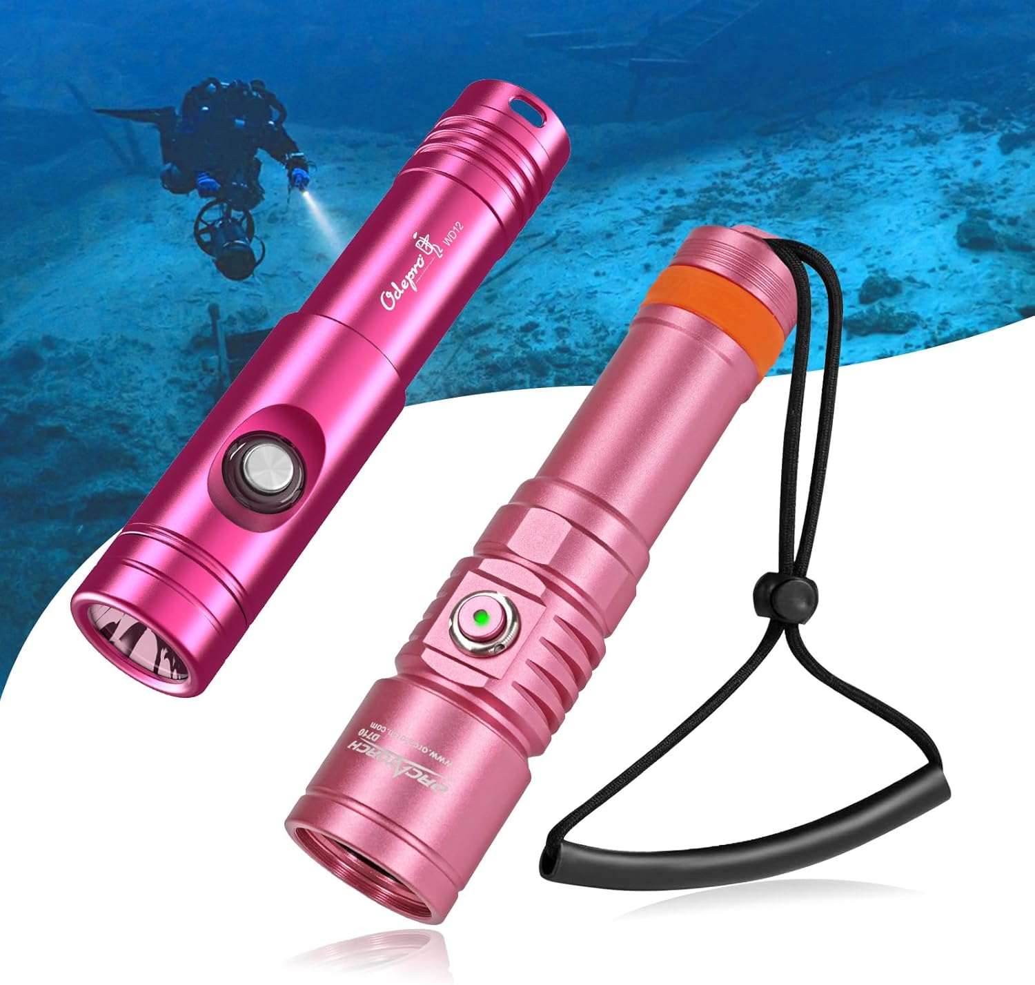 ORCATORCH D710 (3000 Lumen, Pink) & Odepro WD12 (1400 Lumen, Red) Dive Light Bundle