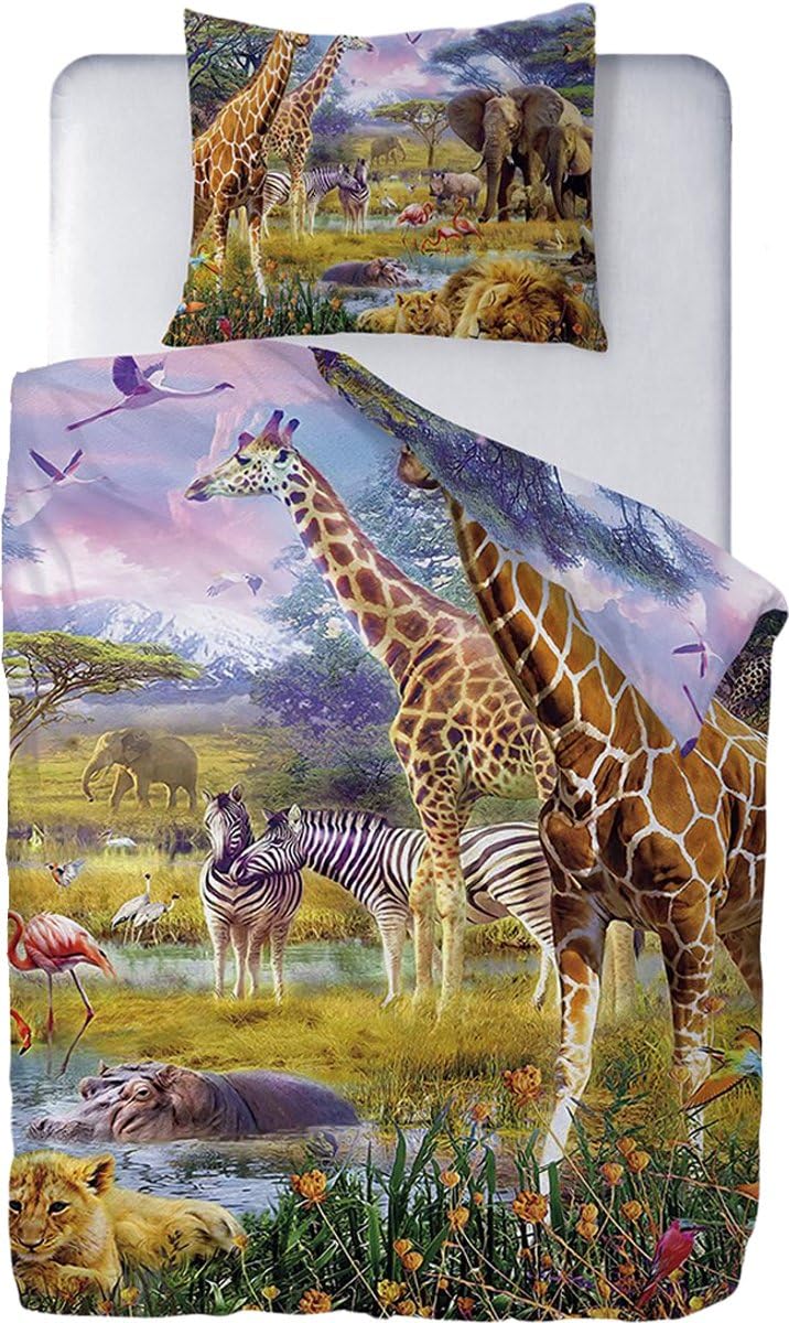 Parure de lit safari animaux housse de couette 140x200 vert beige