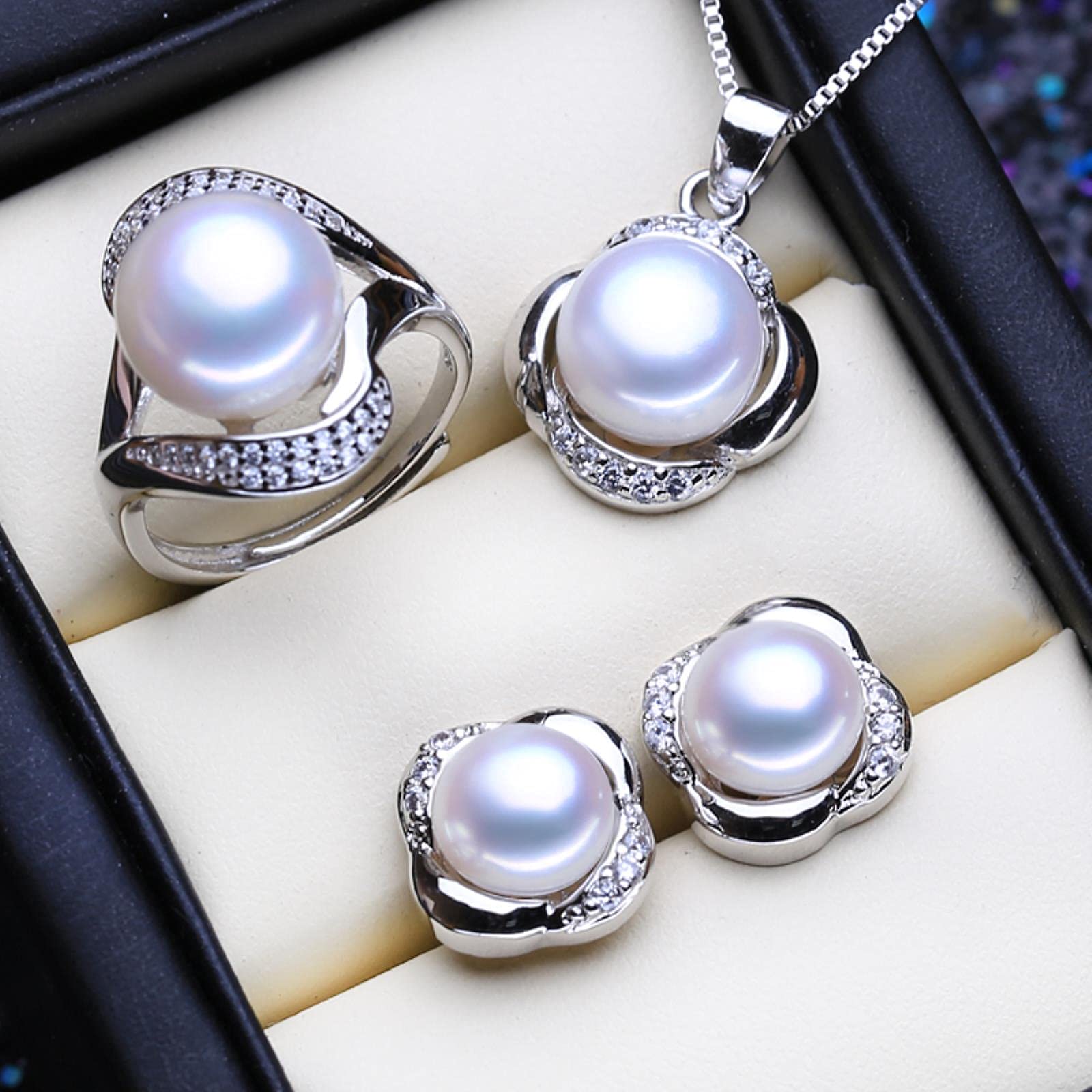 925 Sterling Silber Anhänger Halskette Naturperlen Schmuck Sets Für Frauen Klassische Ohrstecker Fashion Party Ringe